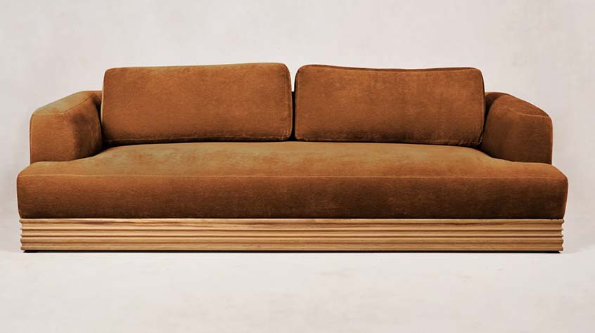 Upholstered Deep Sofa with solid wood teak base