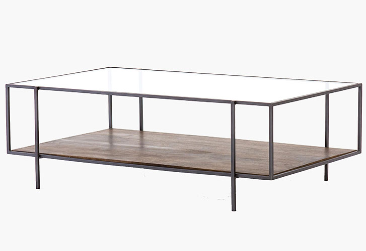 Rectangular Coffee Table with a dark brown frame, glass top and wooden glass lower shelf 