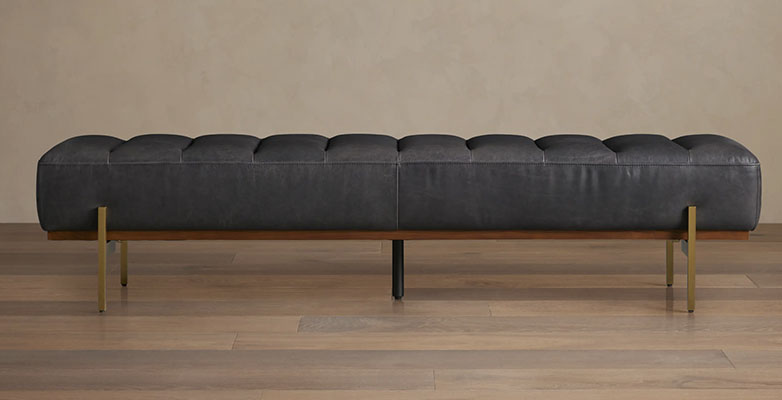 Solid wood frame bench with black leather and metal legs