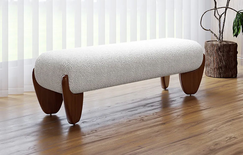 Upholstered Boucle Ottoman Bench with wooden legs