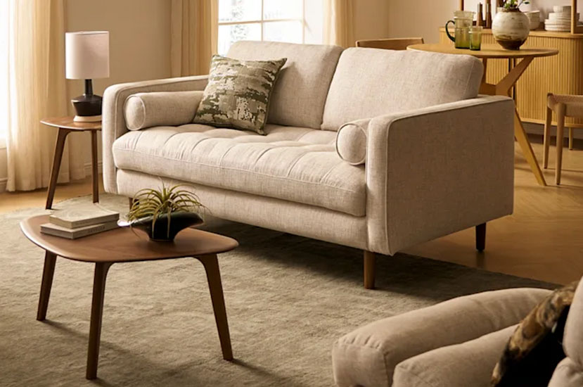 Gray Loveseat in a Living Room, Side Table and Coffee Table