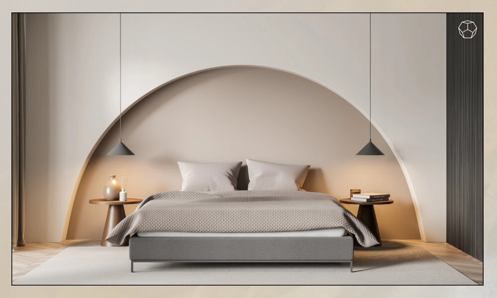 Minimalistic room with a grey upholstered bedframe and a large light gray rug under