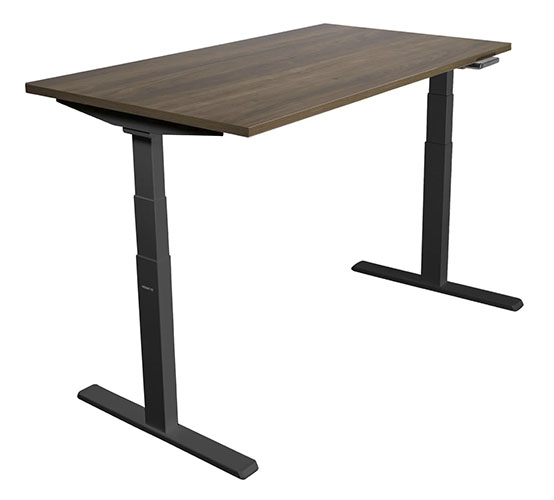 Standing Desk with a wooden top and black legs featuring