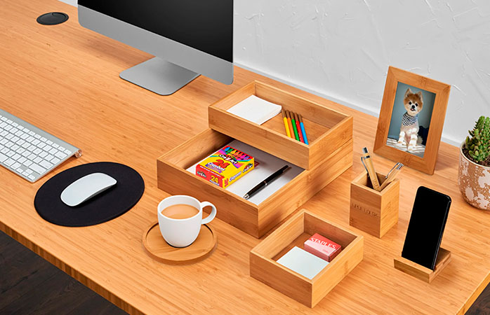 Bamboo organizer Set: boxes and holders on a desk