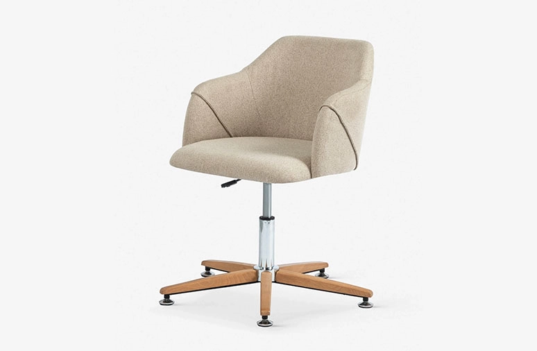 Beige upholstered contemporary desk chair with wooden legs and adjustable height