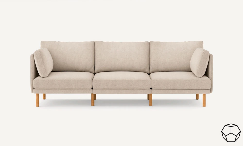 Three seat sofa in beige upholstery and natural wooden legs