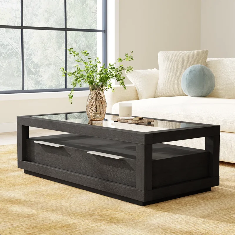 Santiago Floor Shelf Coffee Table with Storage featuring glass top and solid acacia wood frame