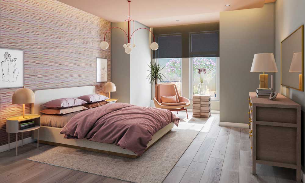 Mid-century modern bedroom with warm lights in coral pink decor