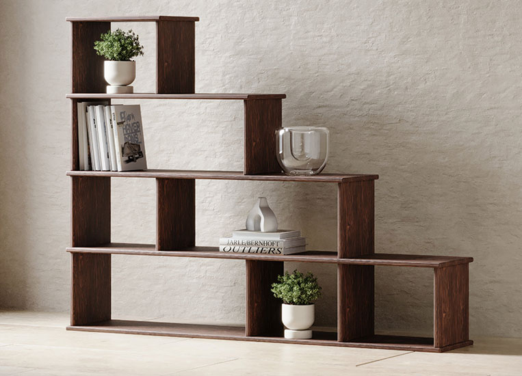 Wooden modular shelving with decor