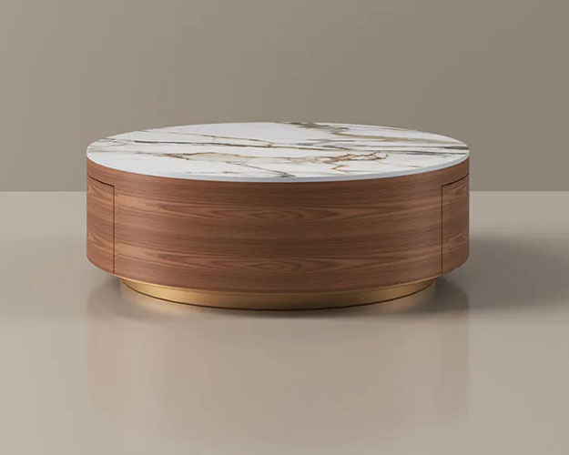 Rounded wooden coffee table with no legs with a marble table top and hidden storage place