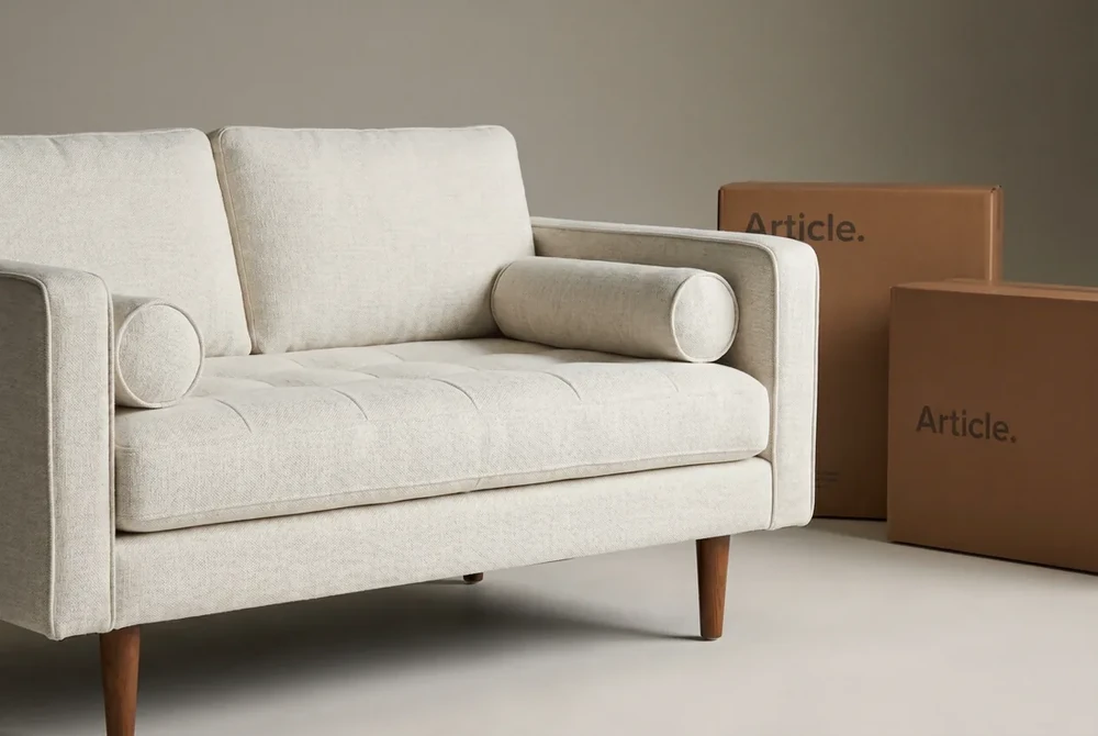 The Article Sven loveseat shown with its branded shipping boxes