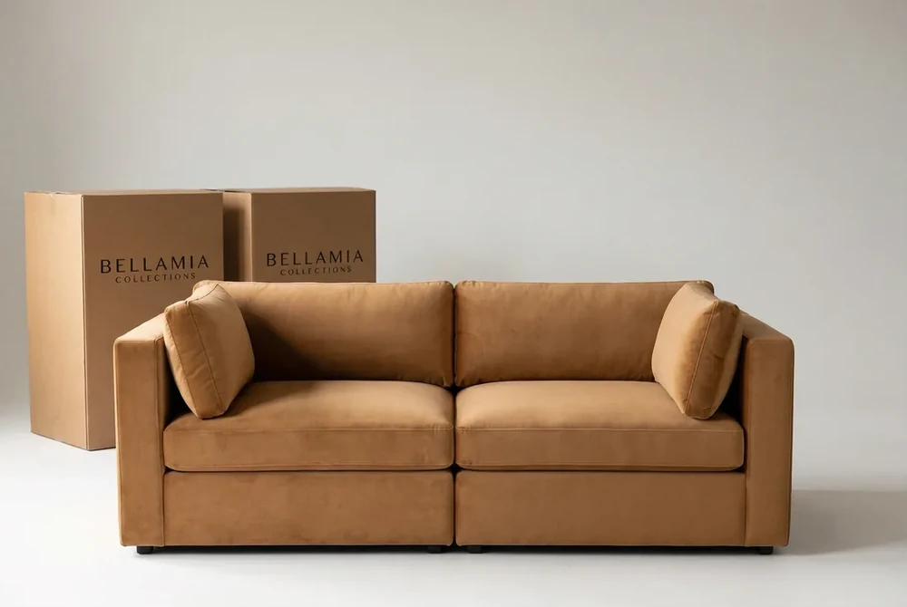The Bellamia Bella sofa-in-a-box shown with its branded shipping boxes