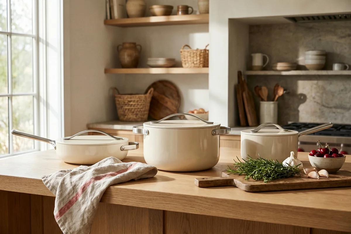Caraway ceramic cookware on a wood counter — 4th of July home and kitchen deals