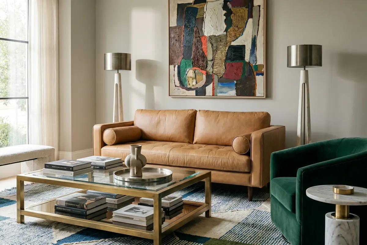 Sofa styled in a sunlit living room — 4th of July furniture deals