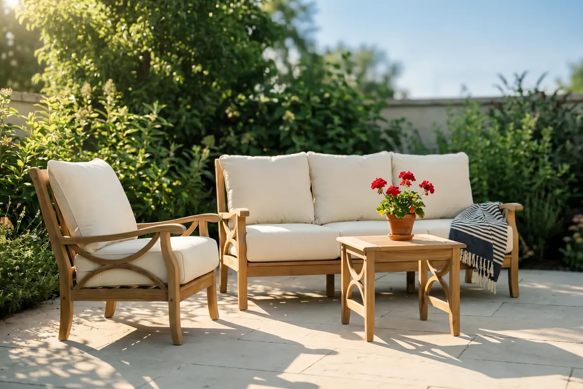 Sarasota teak patio set in summer sun — 4th of July outdoor deals