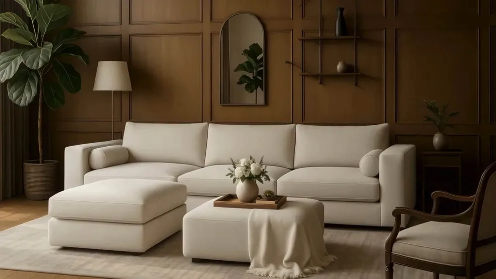 DreamSofa modular sofa in cream fabric in a wood-paneled living room