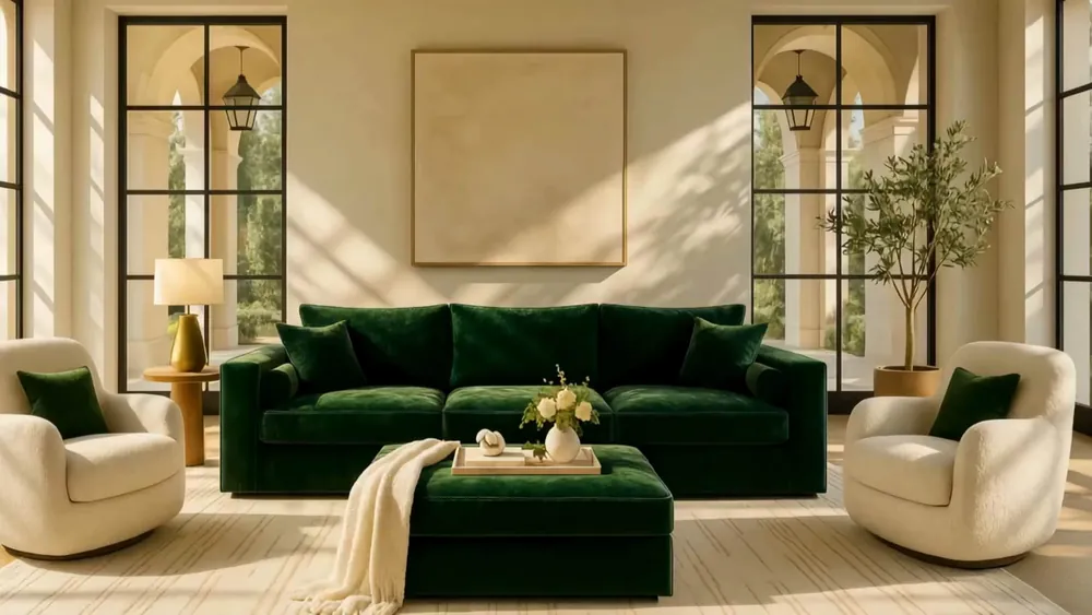 DreamSofa sofa in deep green velvet with cream accent chairs