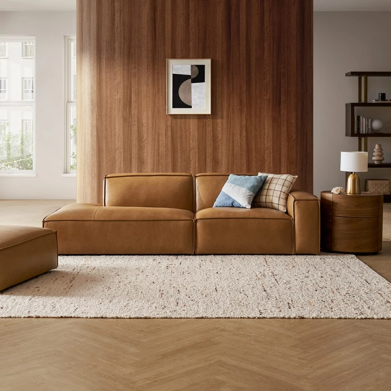 Brown Top Grain Leather Left Side Chaise Sofa for Living Room Modern Design Modular Seating Castlery