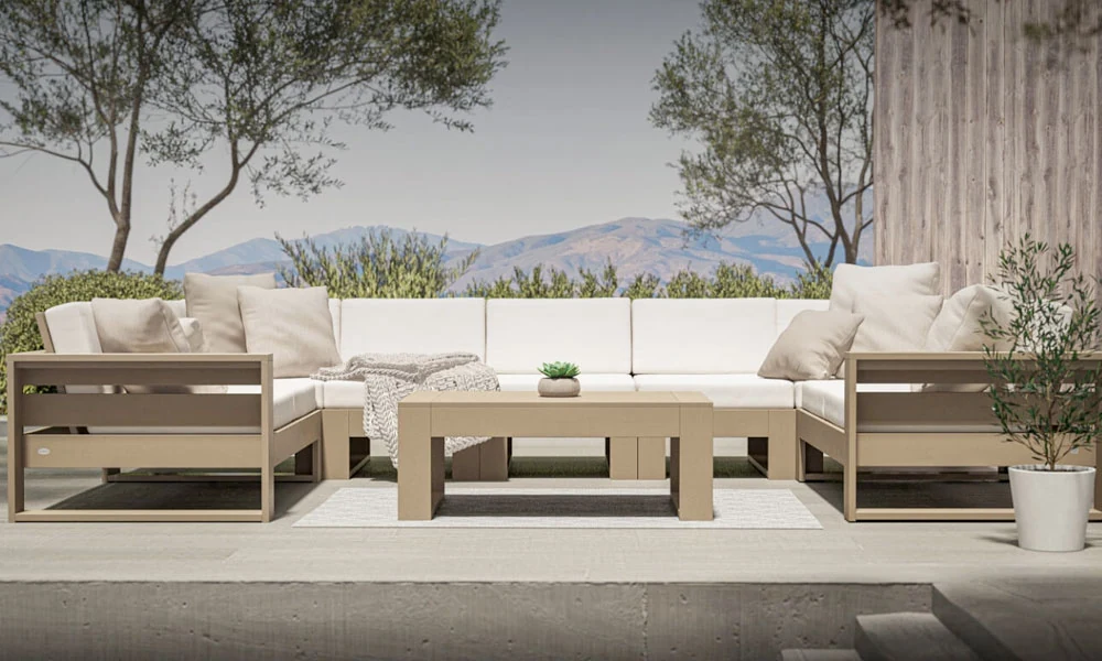 Contemporary outdoor furniture set featuring white cushions perfect fot stylish outdoor relaxation