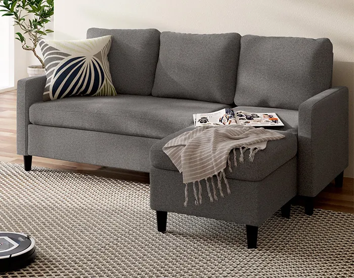 Gray Sectional Sofa with Throw blanket and pillow