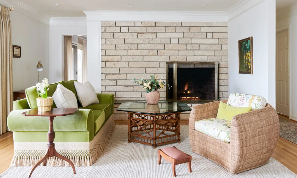 Sofa by fireplace