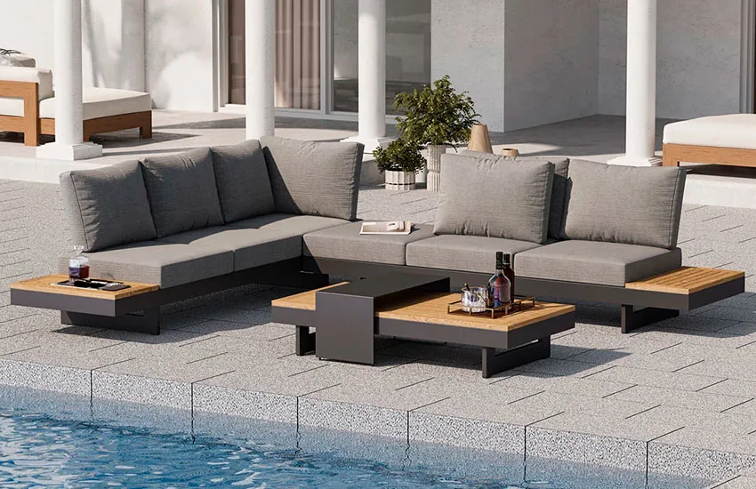 Outdoor Patio Set with Teak & Aluminum Frame near Pool