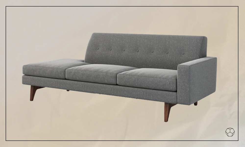 grey upholstered sofa with wooden legs