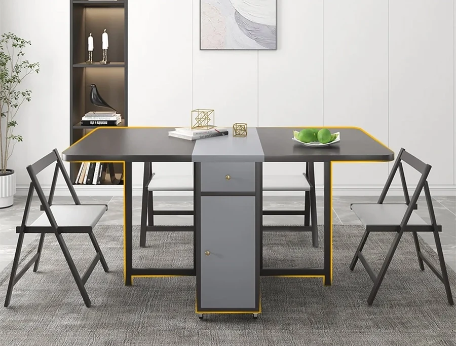 Modern Gray Rectangle Folding Wood Dining Table Set