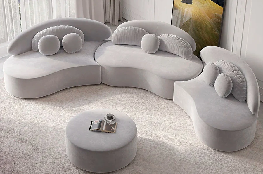 Curved Velvet Sectional Sofa with Ottoman & Pillows