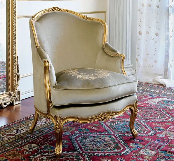 Wide Bergère Armchair with wood frame painted in Gold
