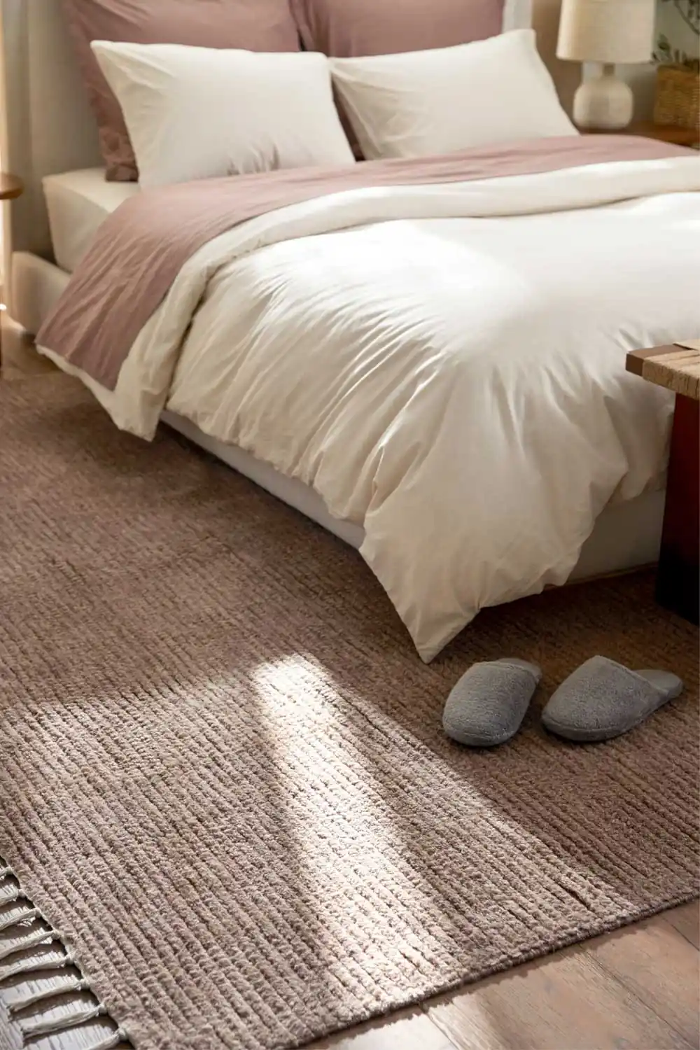 Rib Wool Rug under a cozy bed with a white duvet