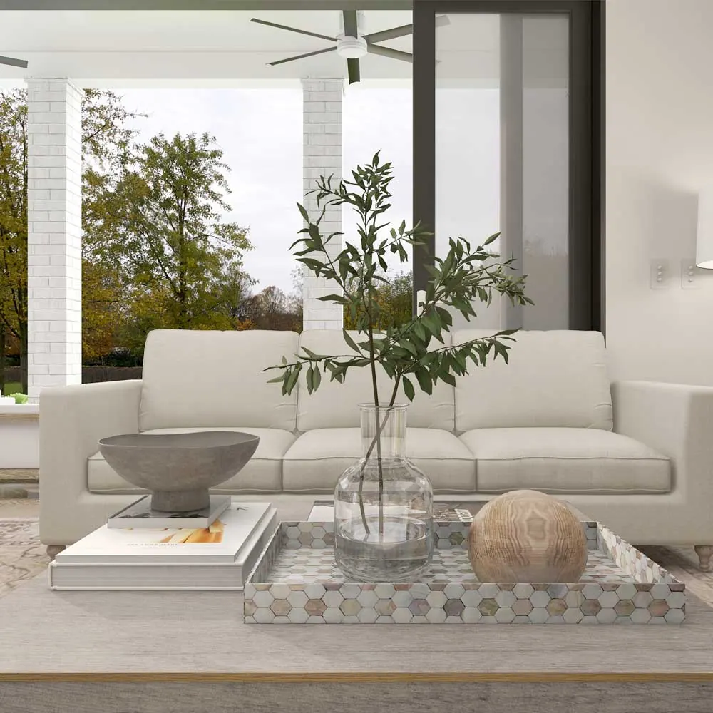 Inviting living room with a couch, coffee table, and a plant elegantly positioned as a centerpiece