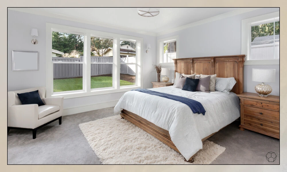 Bright bedroom with a bed, a white rug, a white accent chair and wooden nightstands