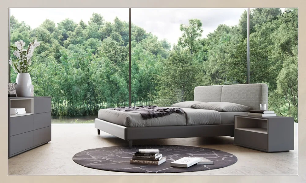 Circular bedroom rug placed on one side of the bed