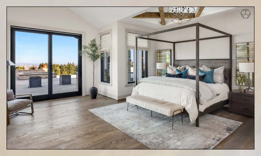 Modern minimalist bedroom with a one-third rug under the bed