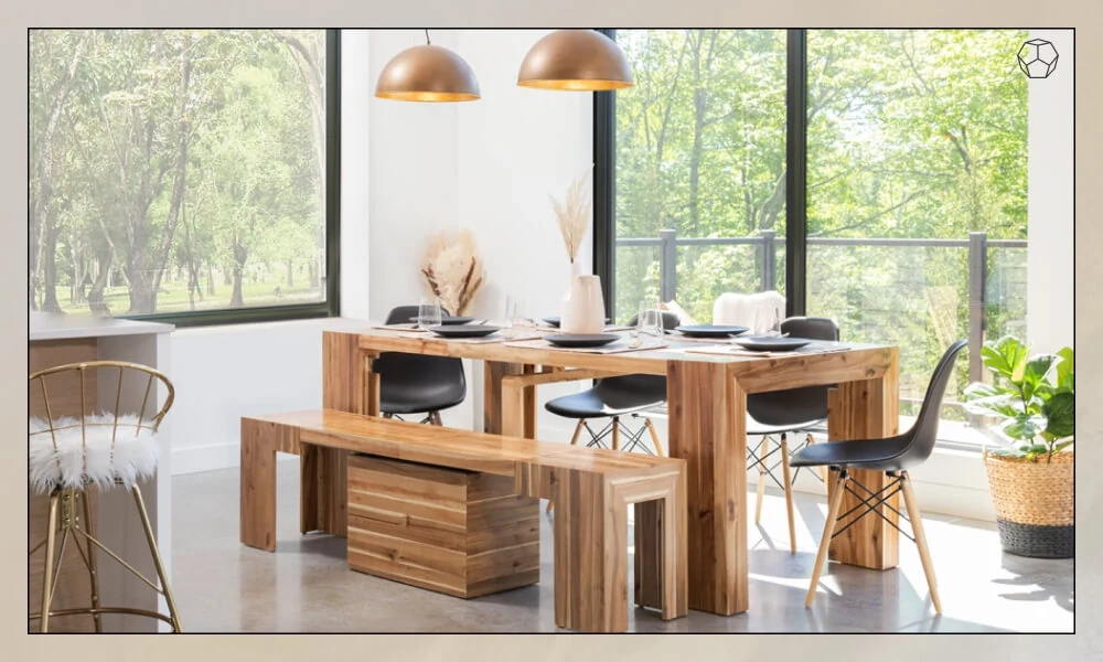 The set of the Transformer tabe and extendable bench in natural wooden in a dining room with dishes