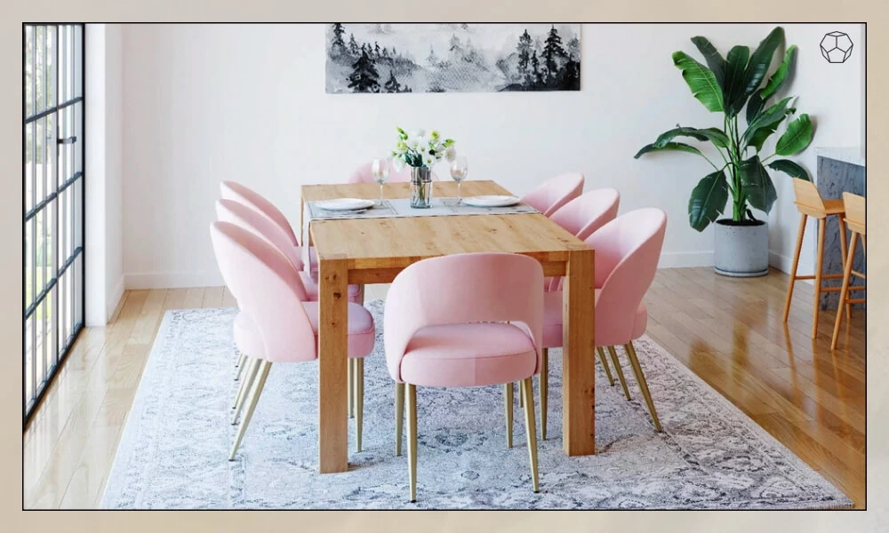 Wooden dining table with a set of eight pink upholstered chairs in a dining place