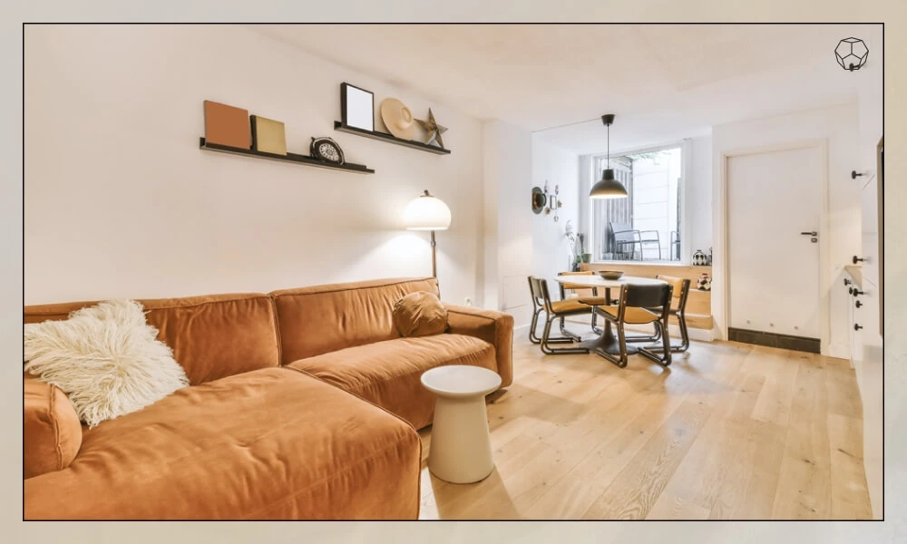 Floating shelves above sofa