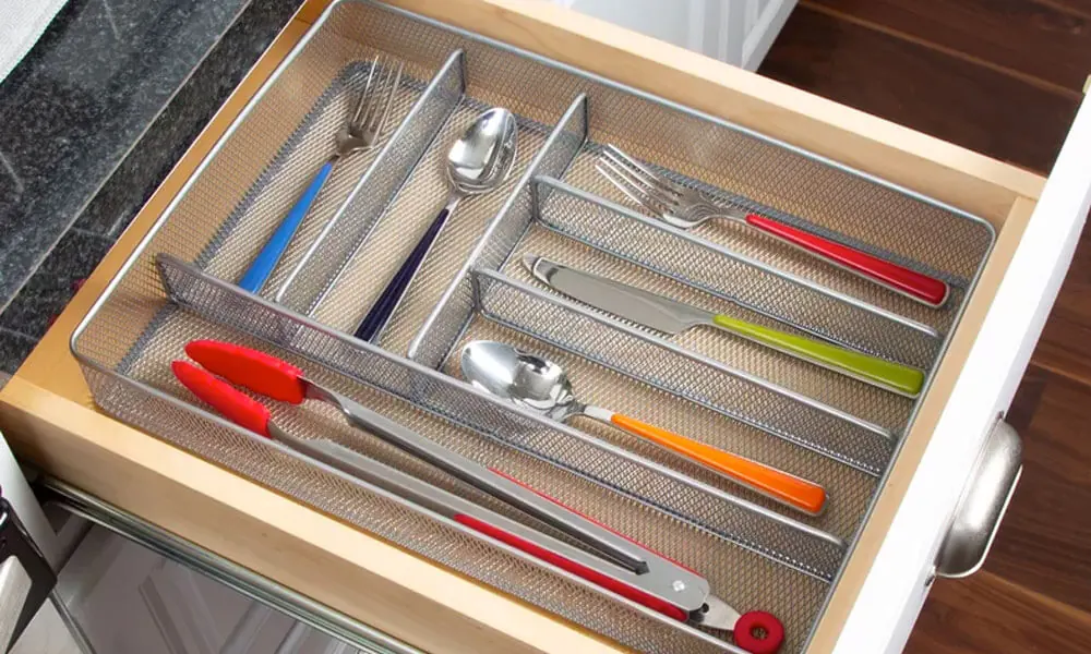 Steel Utensils Drawer Organizer with colorful utensils in a drawer