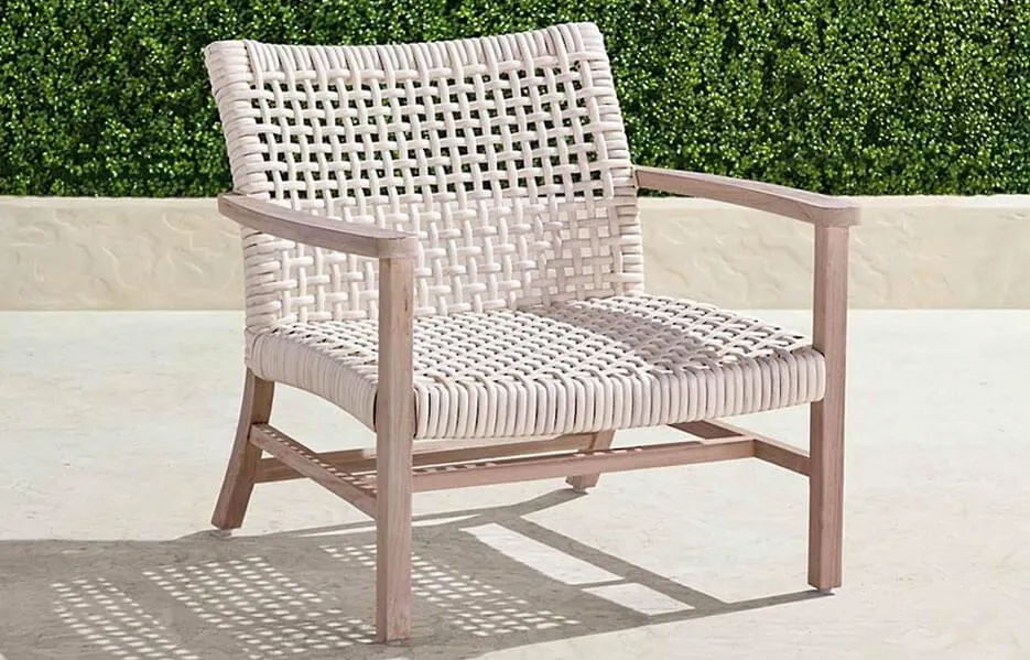Teak framed outdoor char with light beige open weave