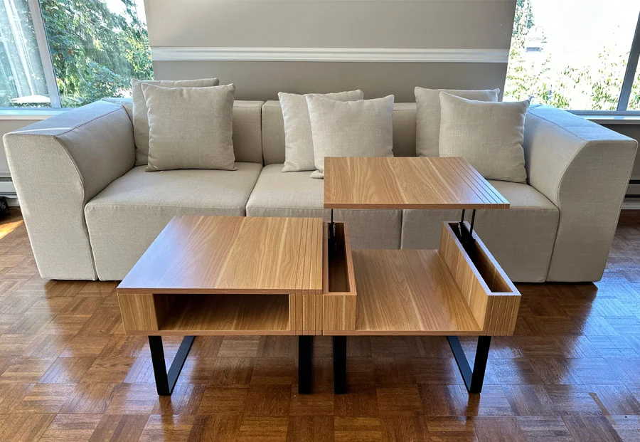 Lift-top coffee table in front of the sofa