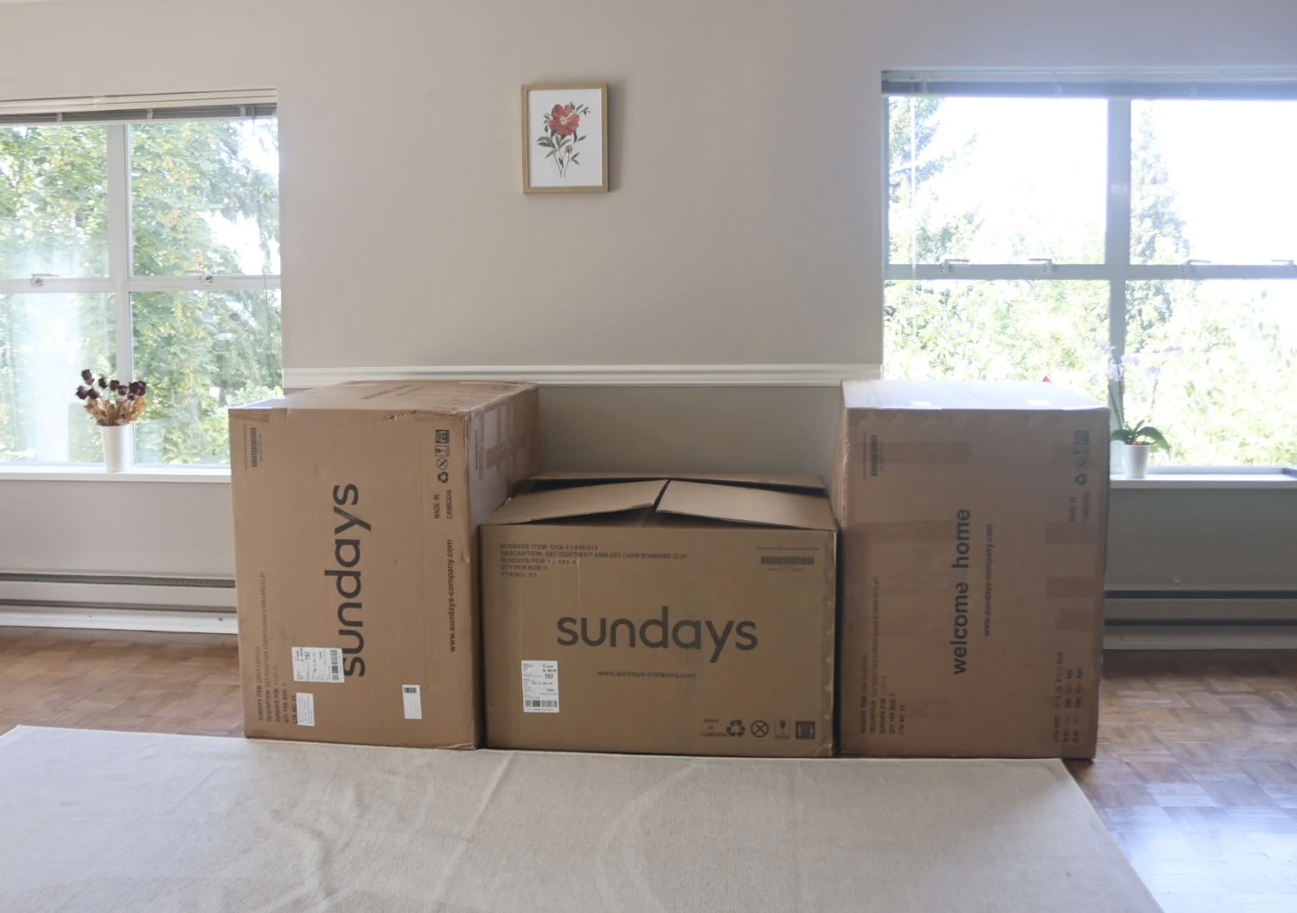 Three Sundays-branded flat boxes holding the Get Together 3-piece modular sofa, in a living room before assembly