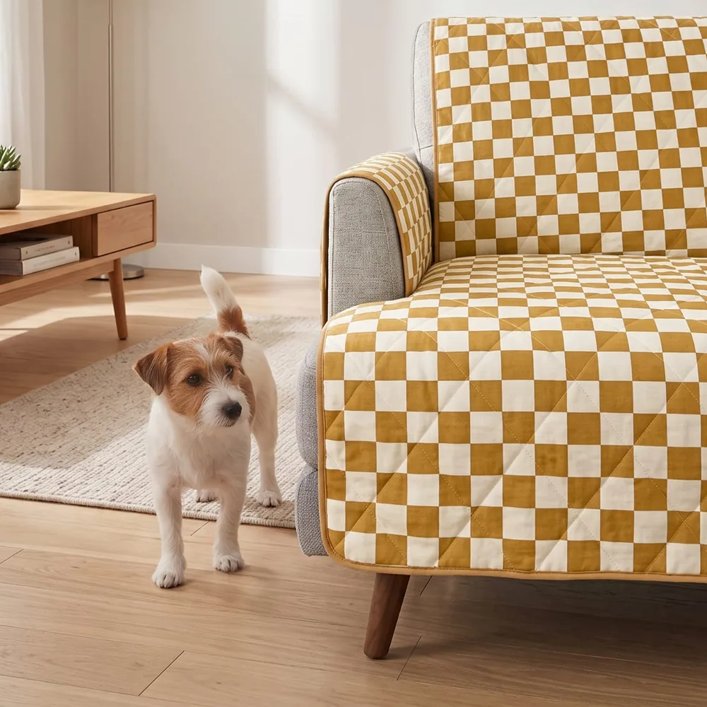Ochre and cream checkered quilted couch cover on a mid-century sofa with a terrier standing beside it