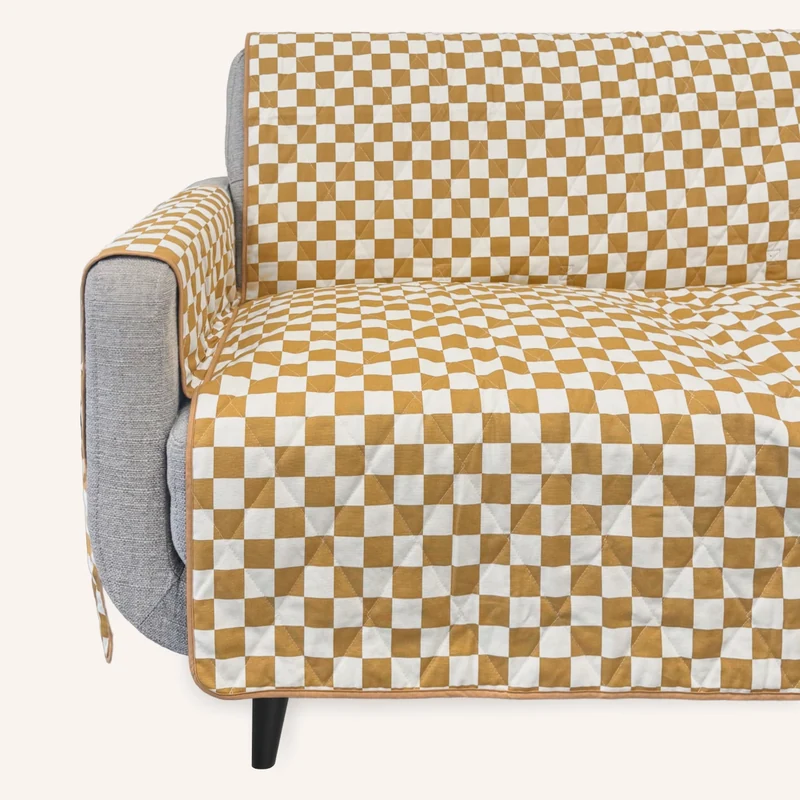Molly Mutt Sleepyhead organic quilted cotton couch cover in ochre check