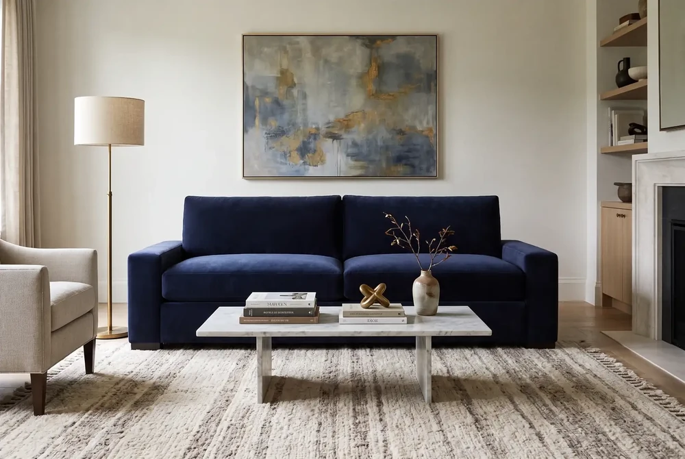 Quince Stillman performance velvet sofa, three-seat with track arms and a matte finish