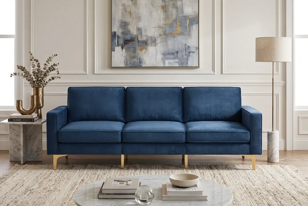 Burrow Nomad velvet sofa, three-seat, in a bright living room