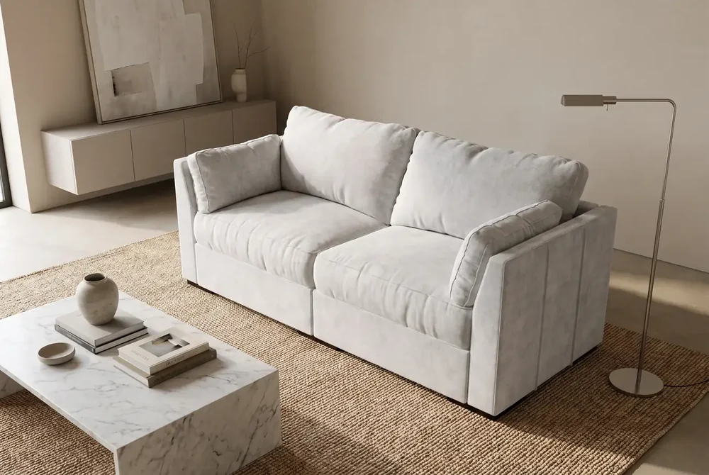 Lovesac Sactional in corded velvet, two seats and four sides, shown in a bright living room