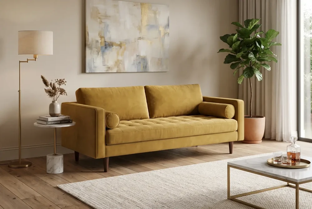 Article Sven 88-inch tufted velvet sofa with a tufted bench seat, bolster pillows and splayed walnut legs