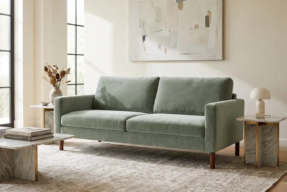 BenchMade Modern Laguna sofa in Becket Fern, a heathered sage Luxe Velvet