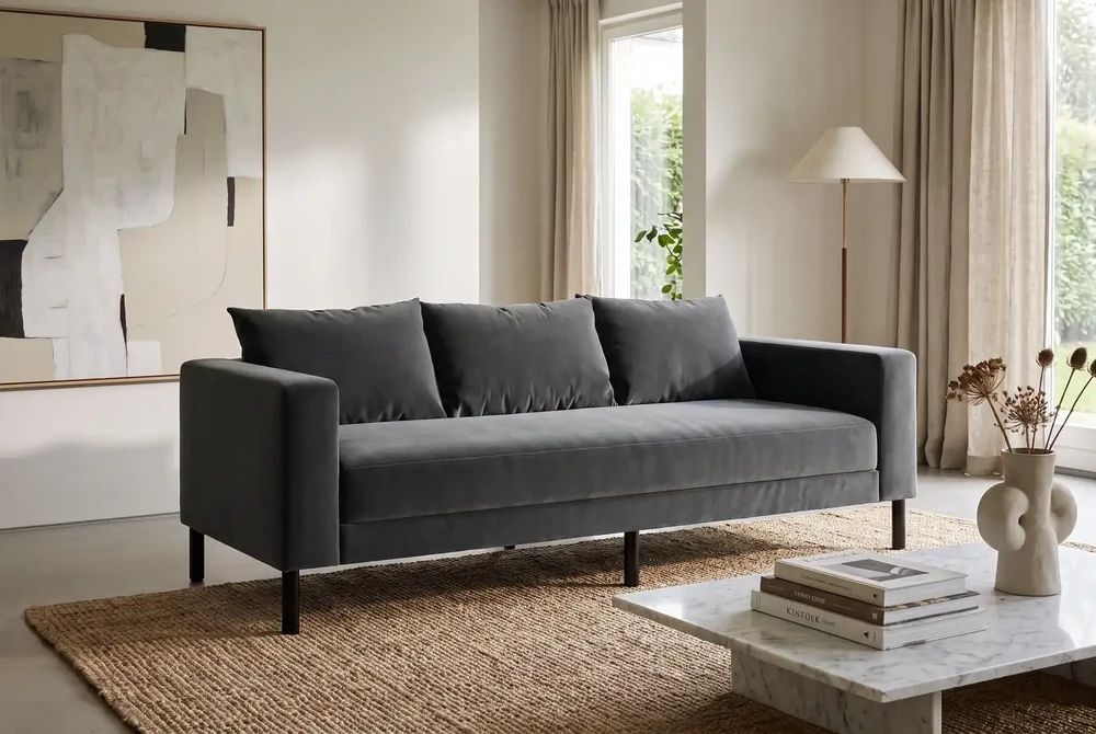 Sabai Essential Sofa in recycled velvet, with a low wood frame